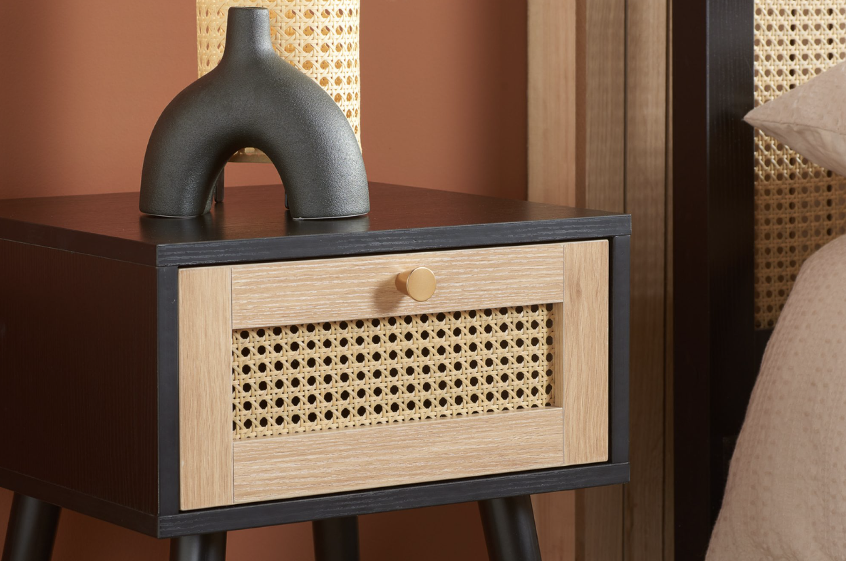 CROXLEY 1 DRAWER RATTAN BEDSIDE BLACK